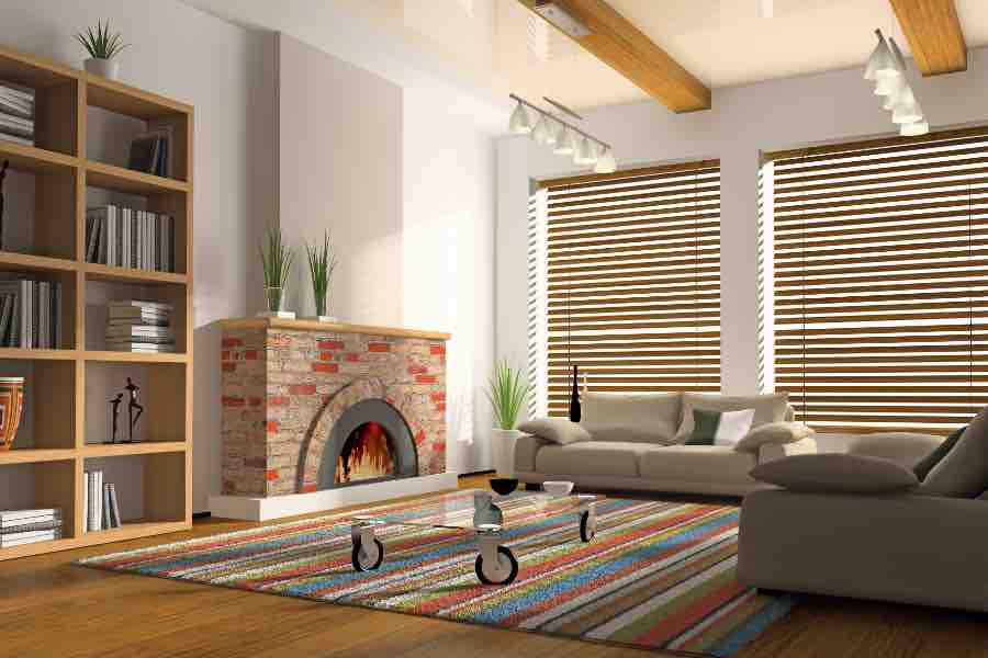 Wood blinds on family room windows