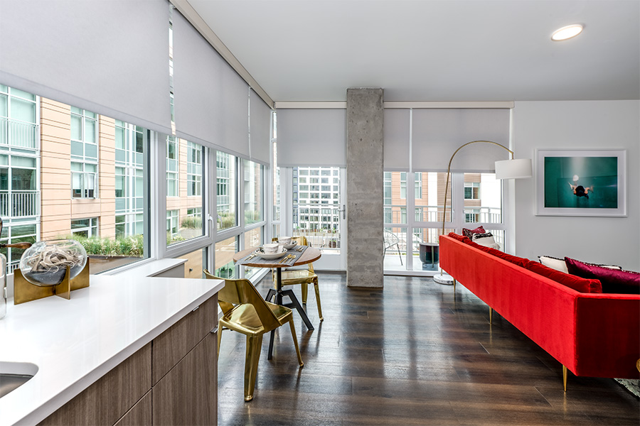 Sleek gray roller shades in a large open area office space